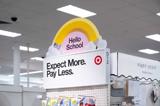 A back-to-school store display featuring the greeting "Hello School".