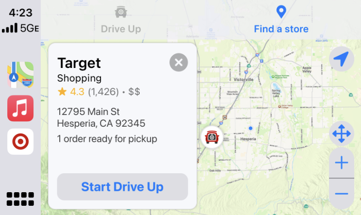 A screen capture from the CarPlay interface shows a series of icons, a map, the location of a Target store and the option to Start Drive Up.