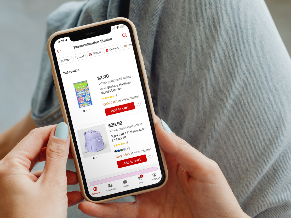 A guest browses the Personalization Station on the Target App on an iPhone.