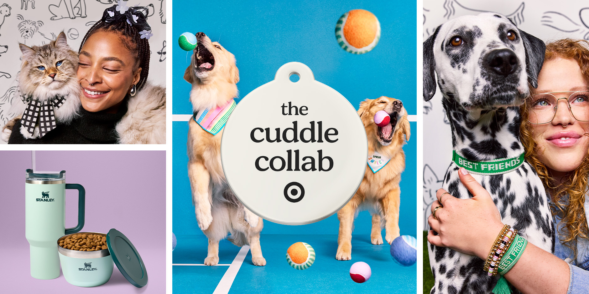 The Cuddle Collab logo surrounded by photos of items from the collection.