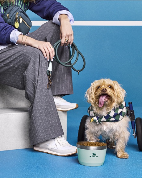 A model poses with a dog next to a bowl from the The Cuddle Collab collection.